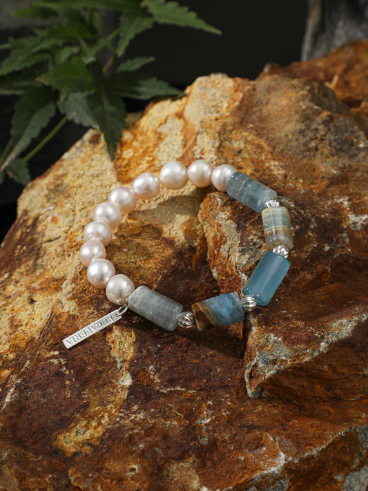 Banded Blue Calcite & Baroque Freshwater Pearl Stretch Bracelet with S925 Sterling Silver Spacers