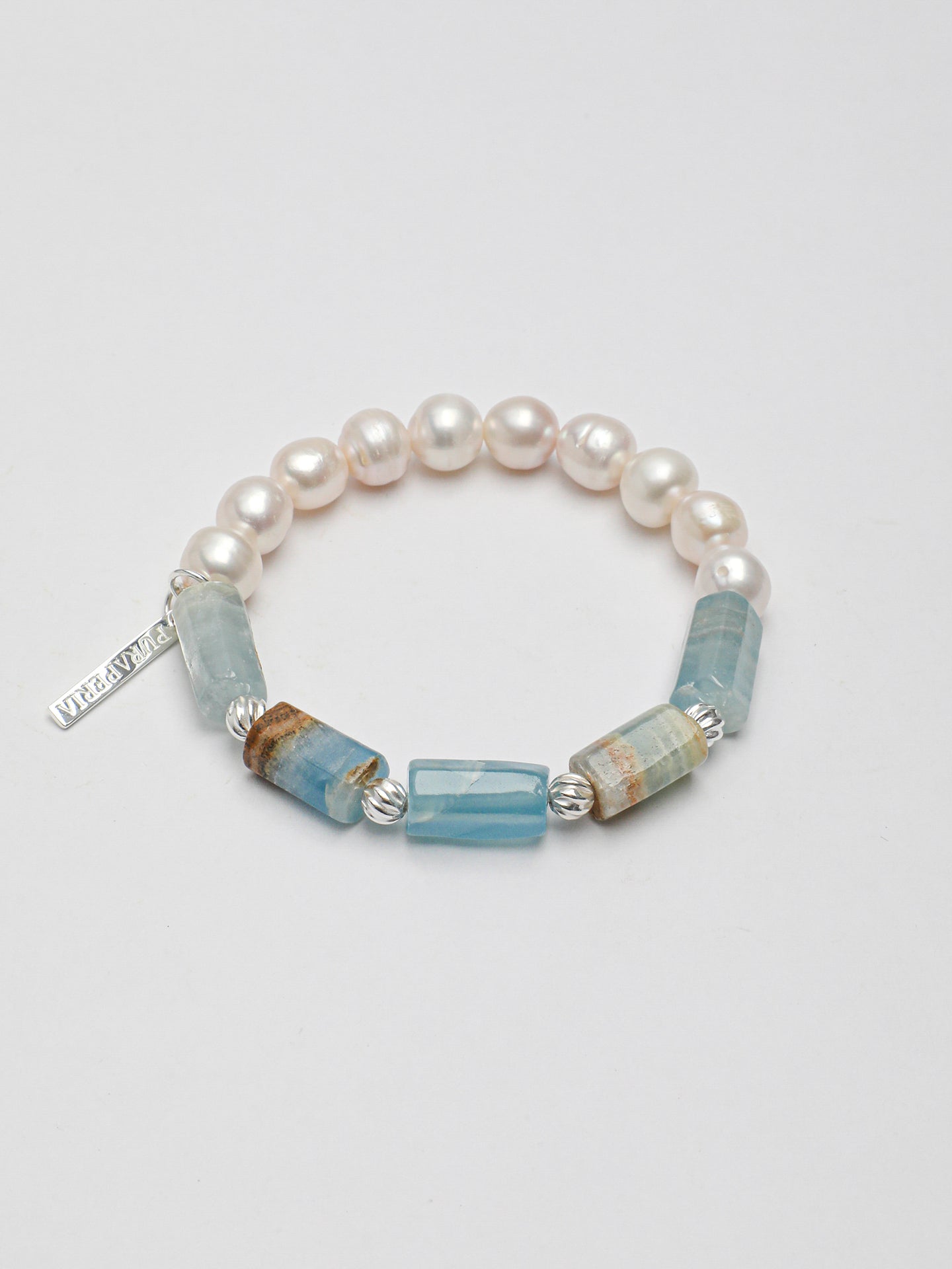 Banded Blue Calcite & Baroque Freshwater Pearl Stretch Bracelet with S925 Sterling Silver Spacers