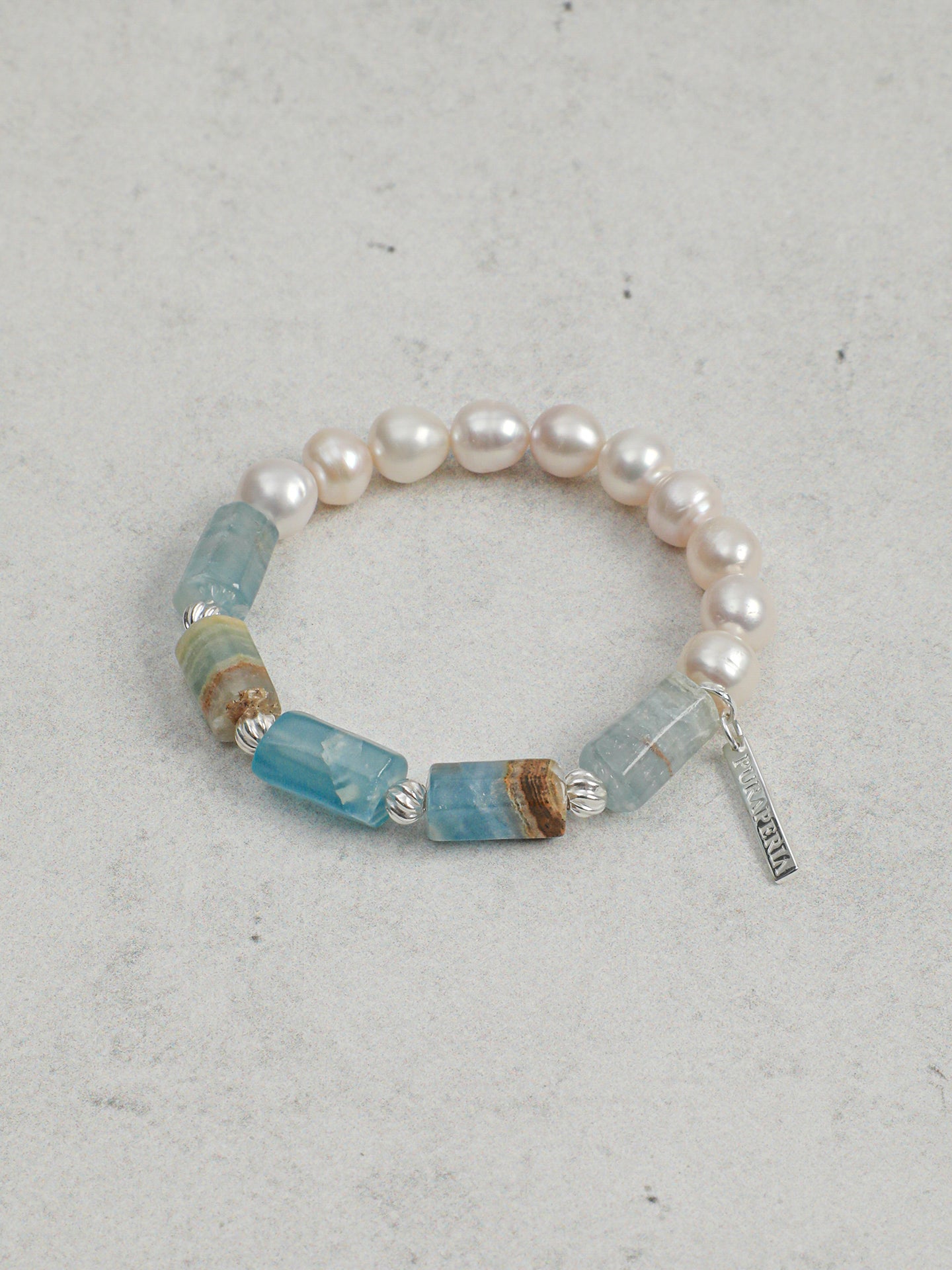 Banded Blue Calcite & Baroque Freshwater Pearl Stretch Bracelet with S925 Sterling Silver Spacers