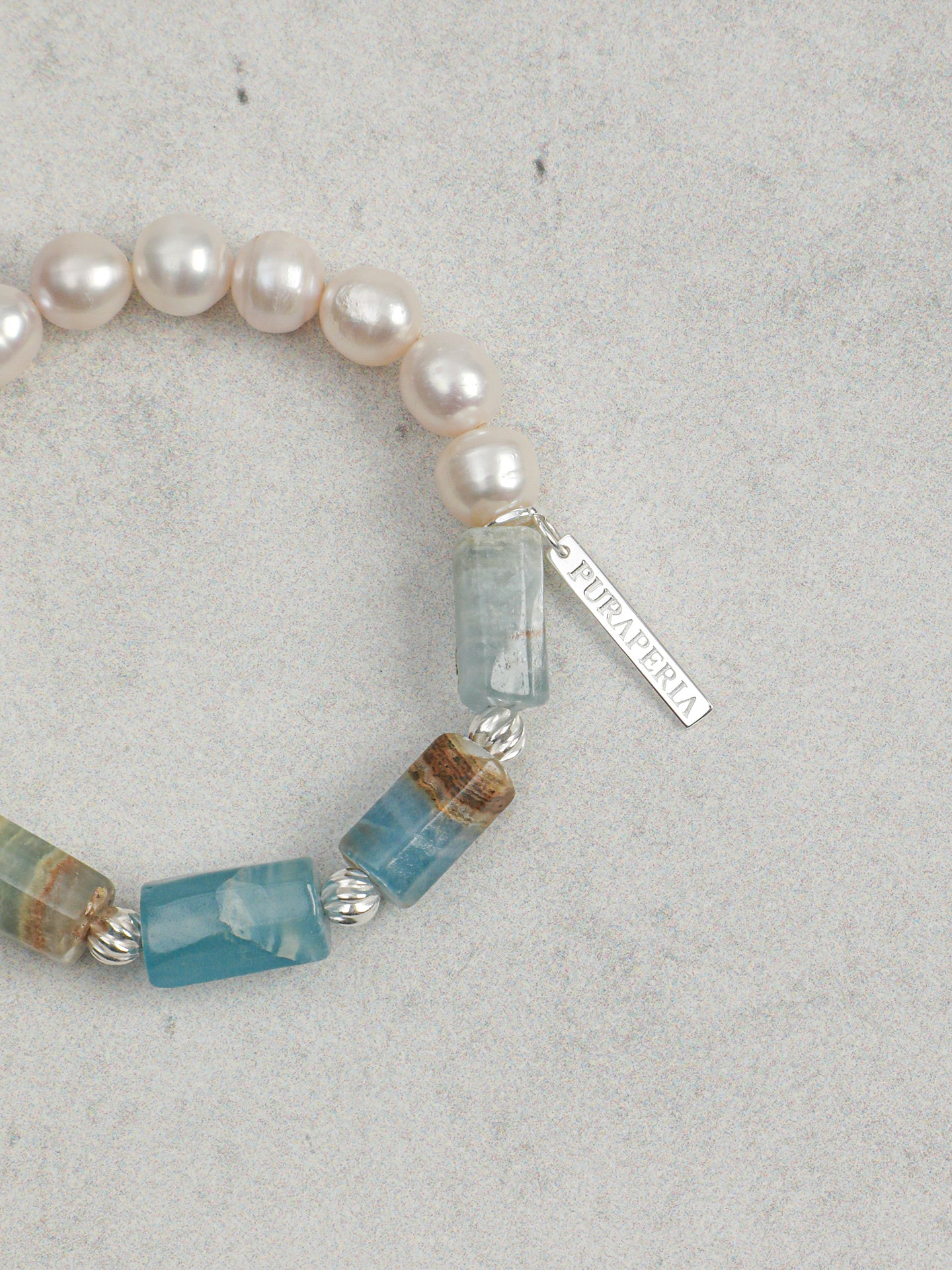 Banded Blue Calcite & Baroque Freshwater Pearl Stretch Bracelet with S925 Sterling Silver Spacers