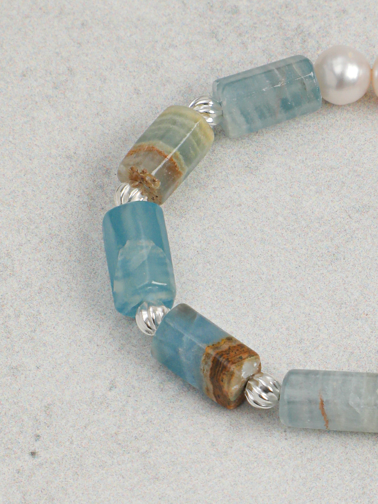 Banded Blue Calcite & Baroque Freshwater Pearl Stretch Bracelet with S925 Sterling Silver Spacers