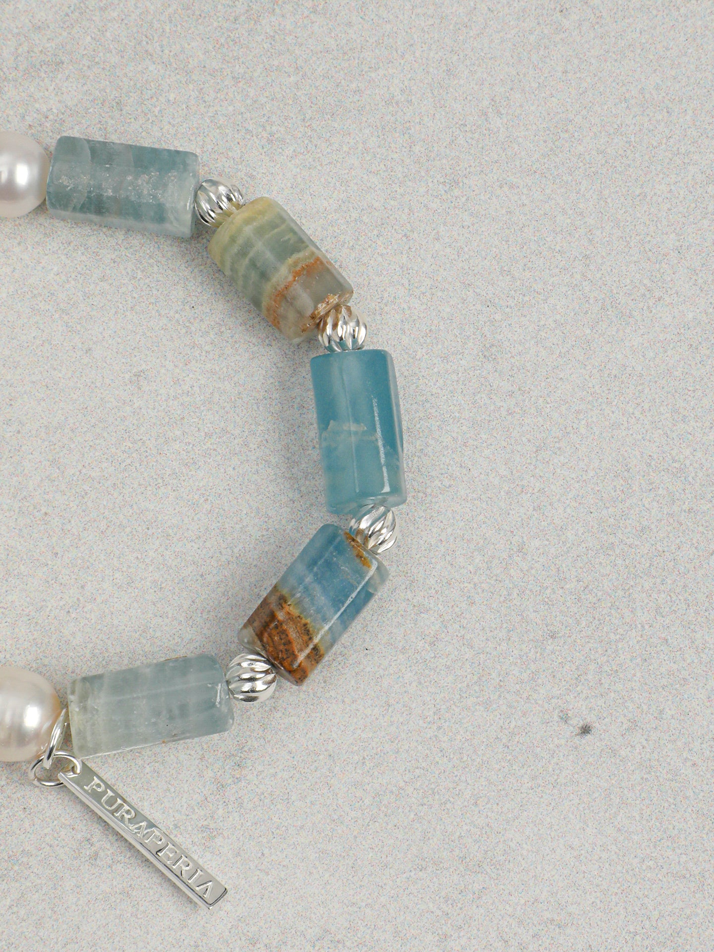 Banded Blue Calcite & Baroque Freshwater Pearl Stretch Bracelet with S925 Sterling Silver Spacers