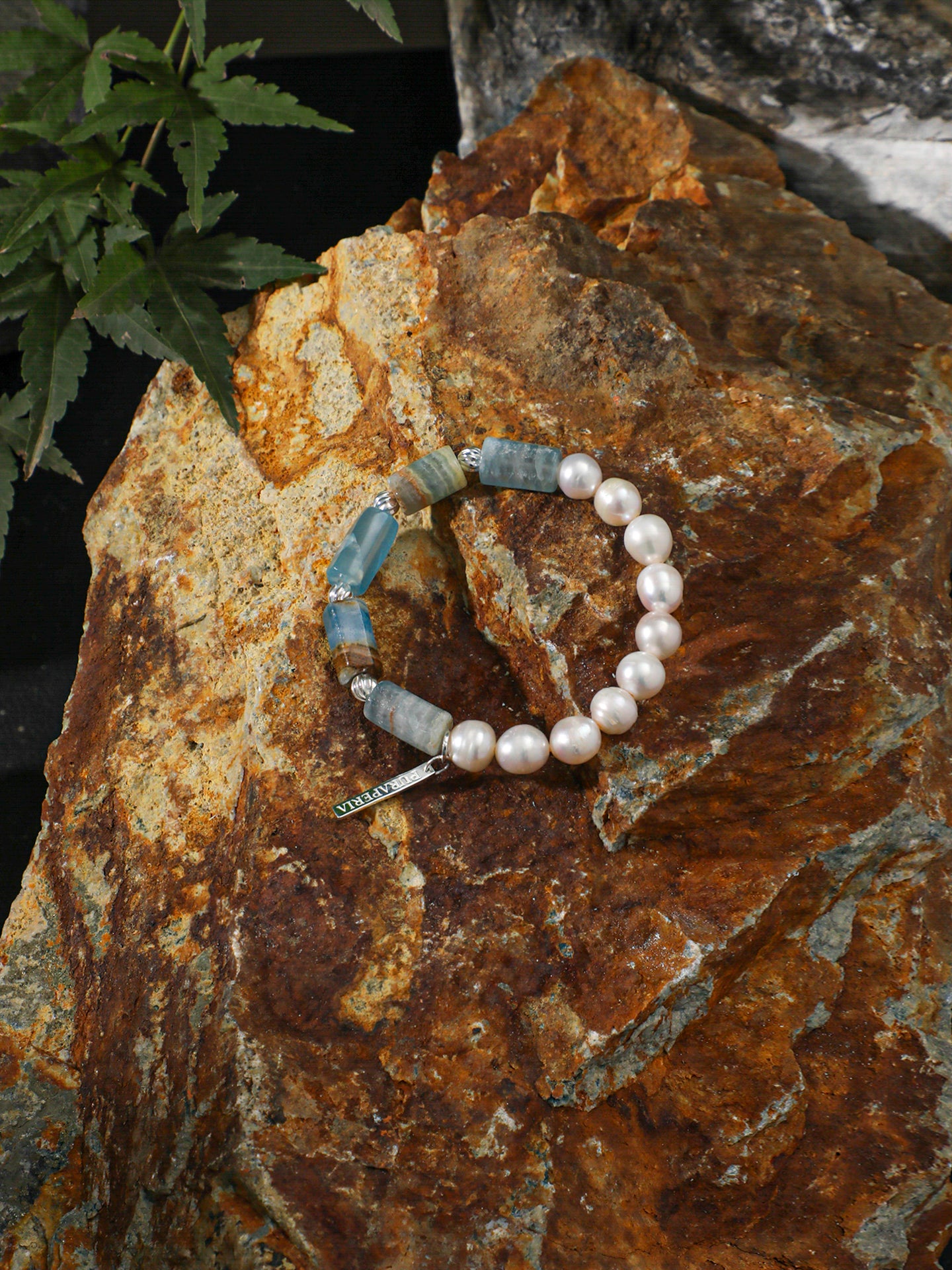 Banded Blue Calcite & Baroque Freshwater Pearl Stretch Bracelet with S925 Sterling Silver Spacers