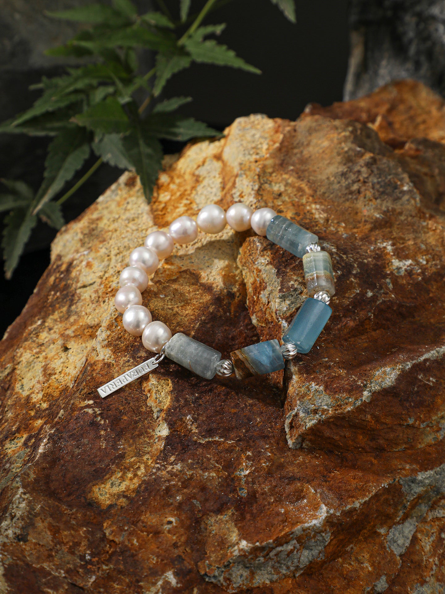 Banded Blue Calcite & Baroque Freshwater Pearl Stretch Bracelet with S925 Sterling Silver Spacers