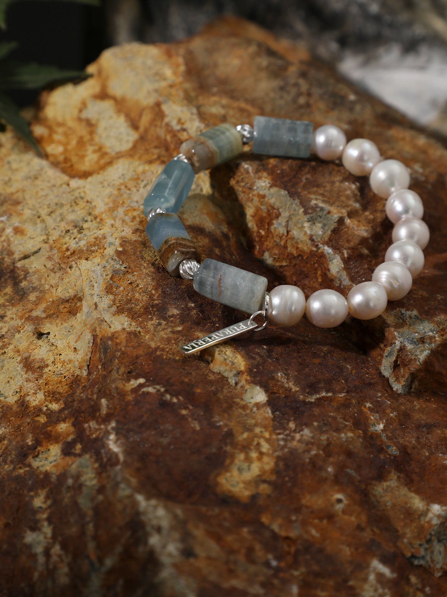 Banded Blue Calcite & Baroque Freshwater Pearl Stretch Bracelet with S925 Sterling Silver Spacers
