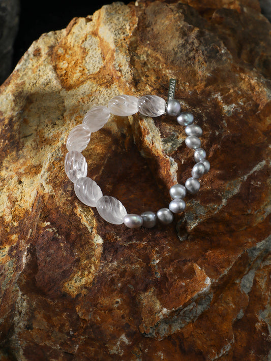 "Luna" Grey Pearl & Carved Quartz Bracelet