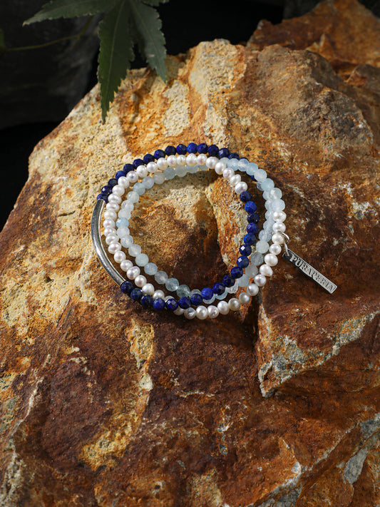 "Astra" Lapis & Aquamarine Triple Wrap Bracelet