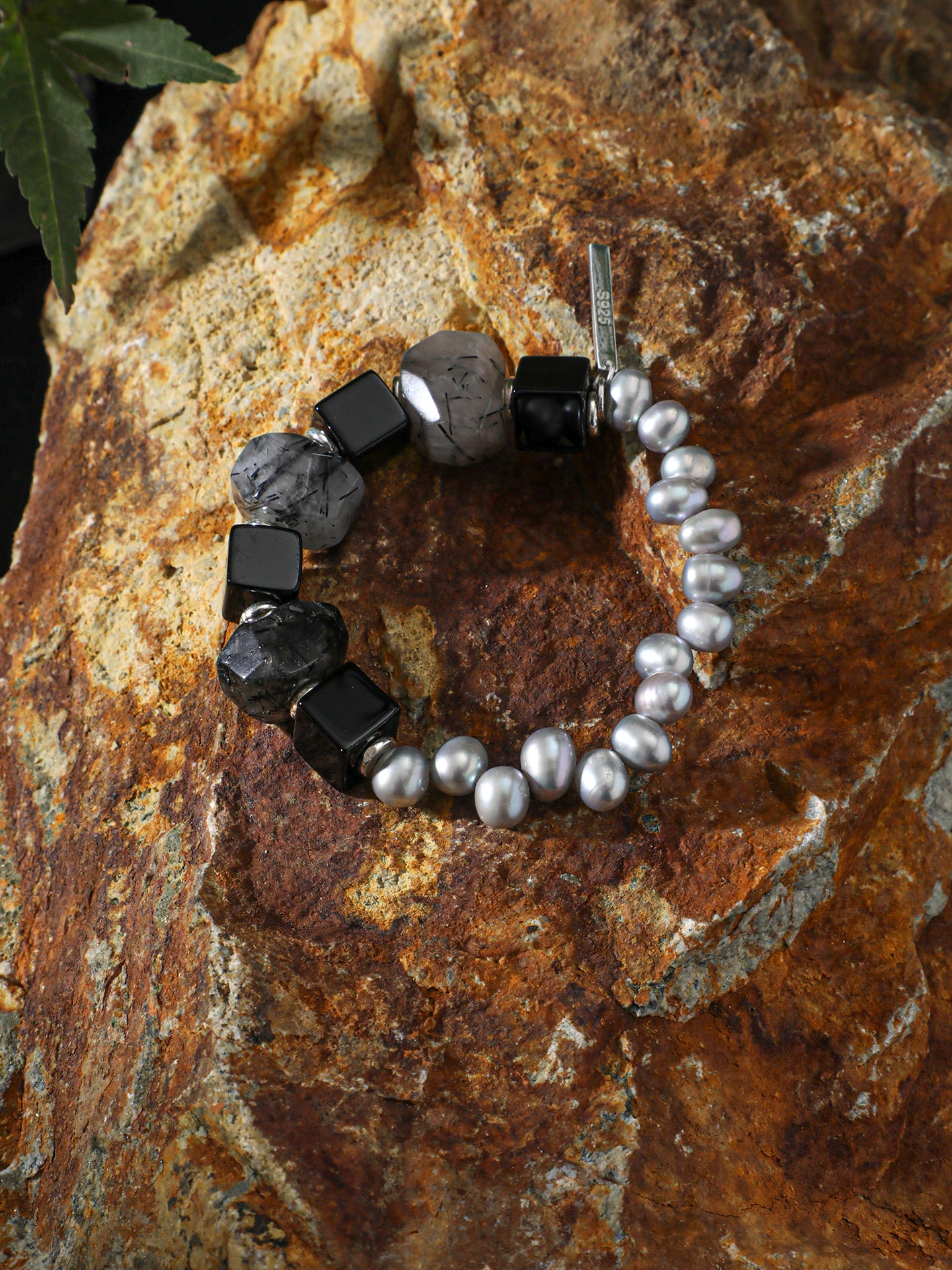 Handcrafted Dark Tone Rutilated Quartz, Black Onyx Cube & Grey Irregular Pearl Stackable Bracelet