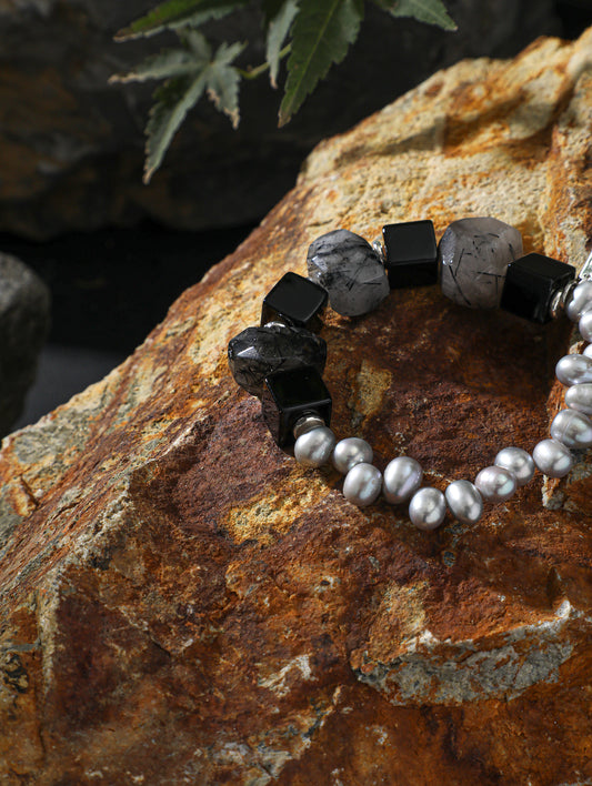 Handcrafted Dark Tone Rutilated Quartz, Black Onyx Cube & Grey Irregular Pearl Stackable Bracelet