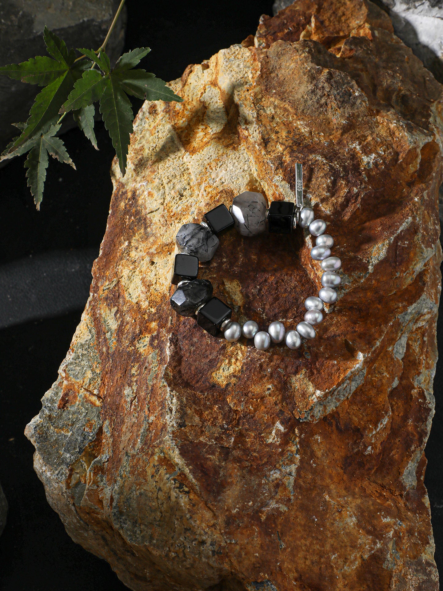 Handcrafted Dark Tone Rutilated Quartz, Black Onyx Cube & Grey Irregular Pearl Stackable Bracelet