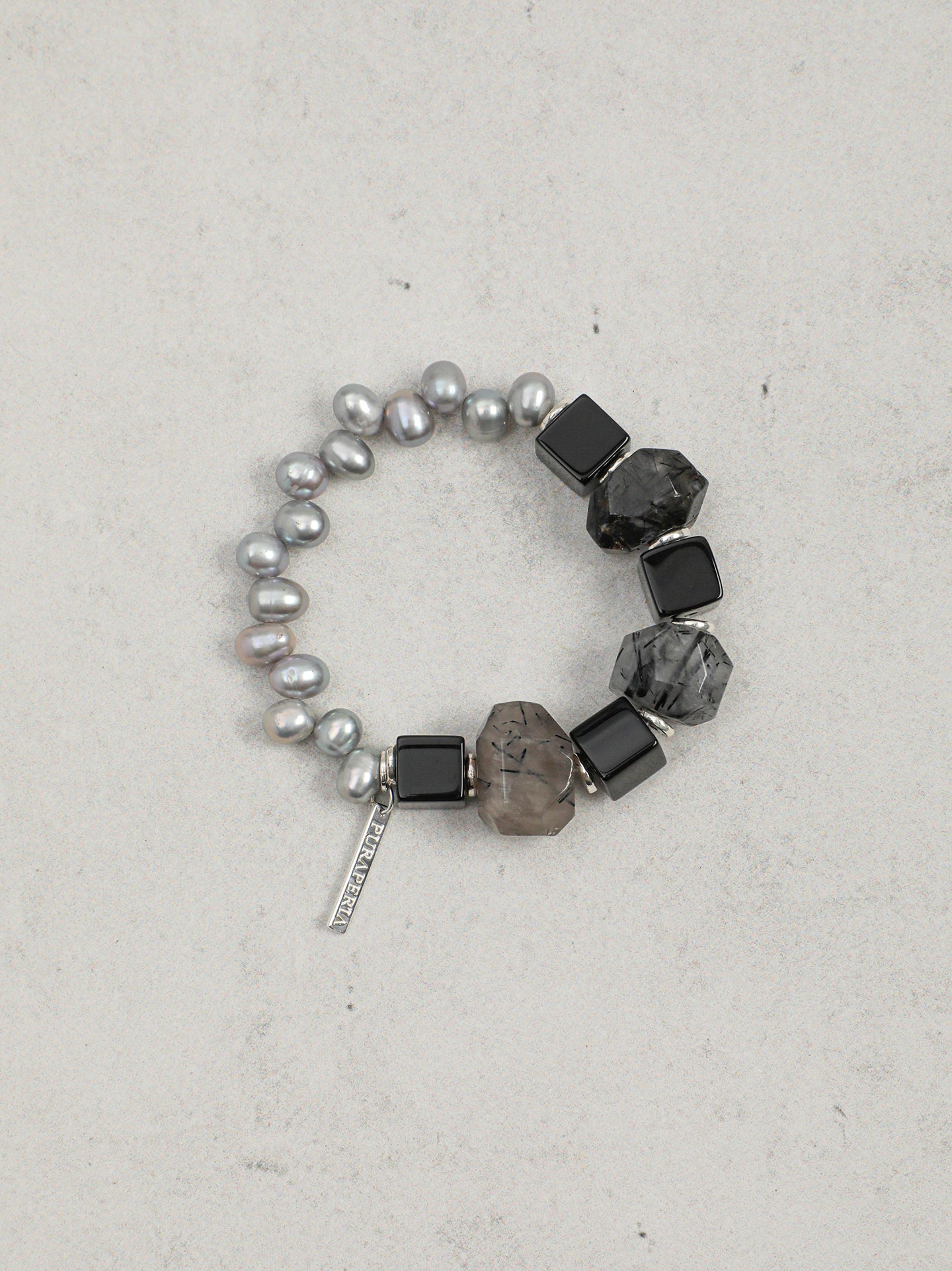 Handcrafted Dark Tone Rutilated Quartz, Black Onyx Cube & Grey Irregular Pearl Stackable Bracelet