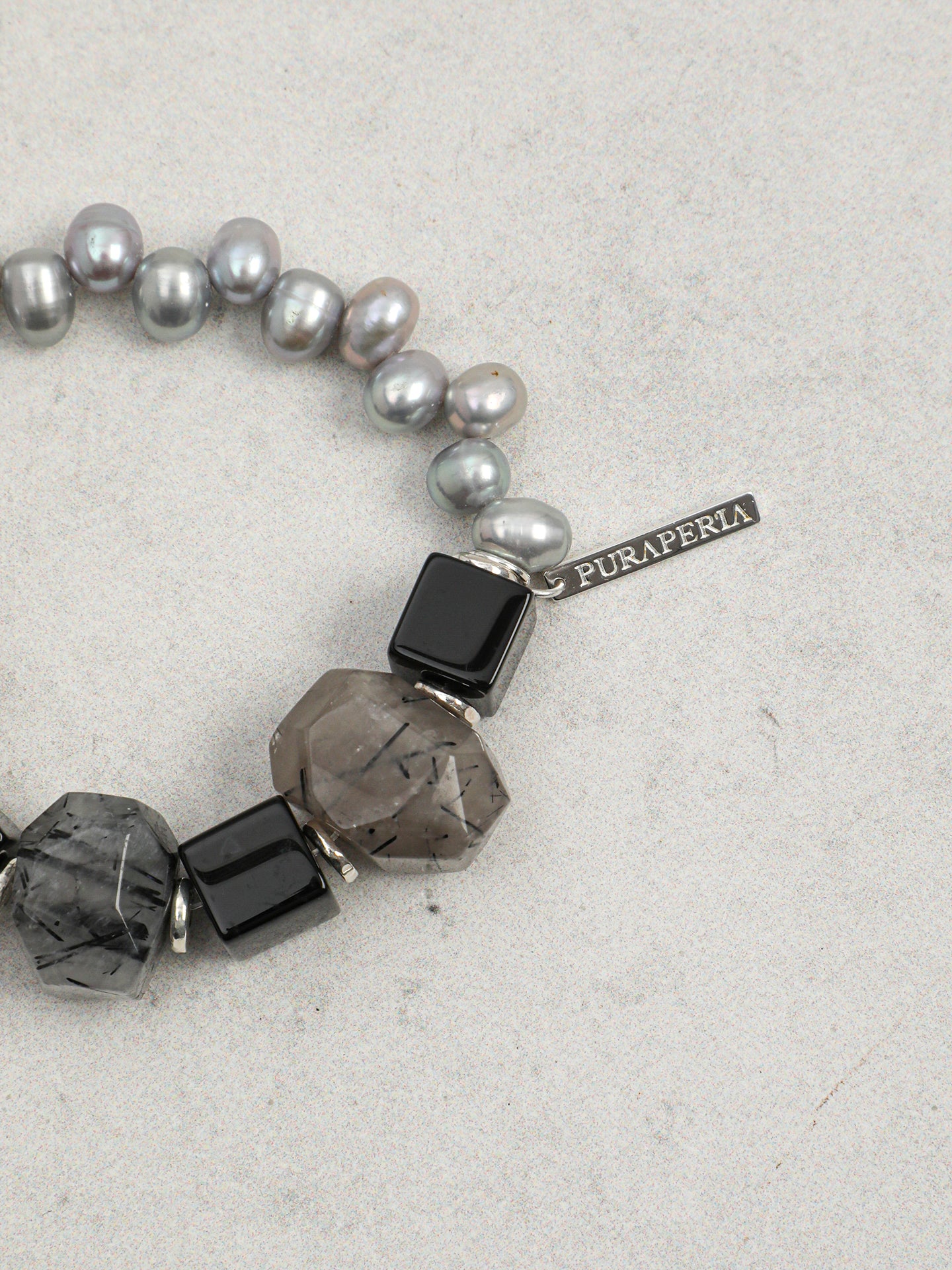 Handcrafted Dark Tone Rutilated Quartz, Black Onyx Cube & Grey Irregular Pearl Stackable Bracelet