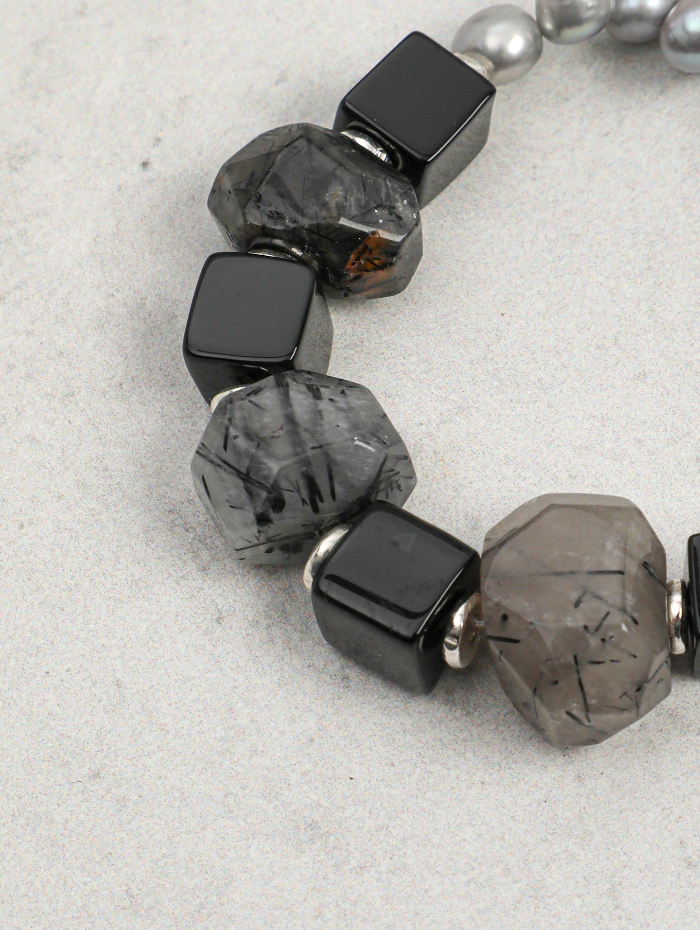 Handcrafted Dark Tone Rutilated Quartz, Black Onyx Cube & Grey Irregular Pearl Stackable Bracelet