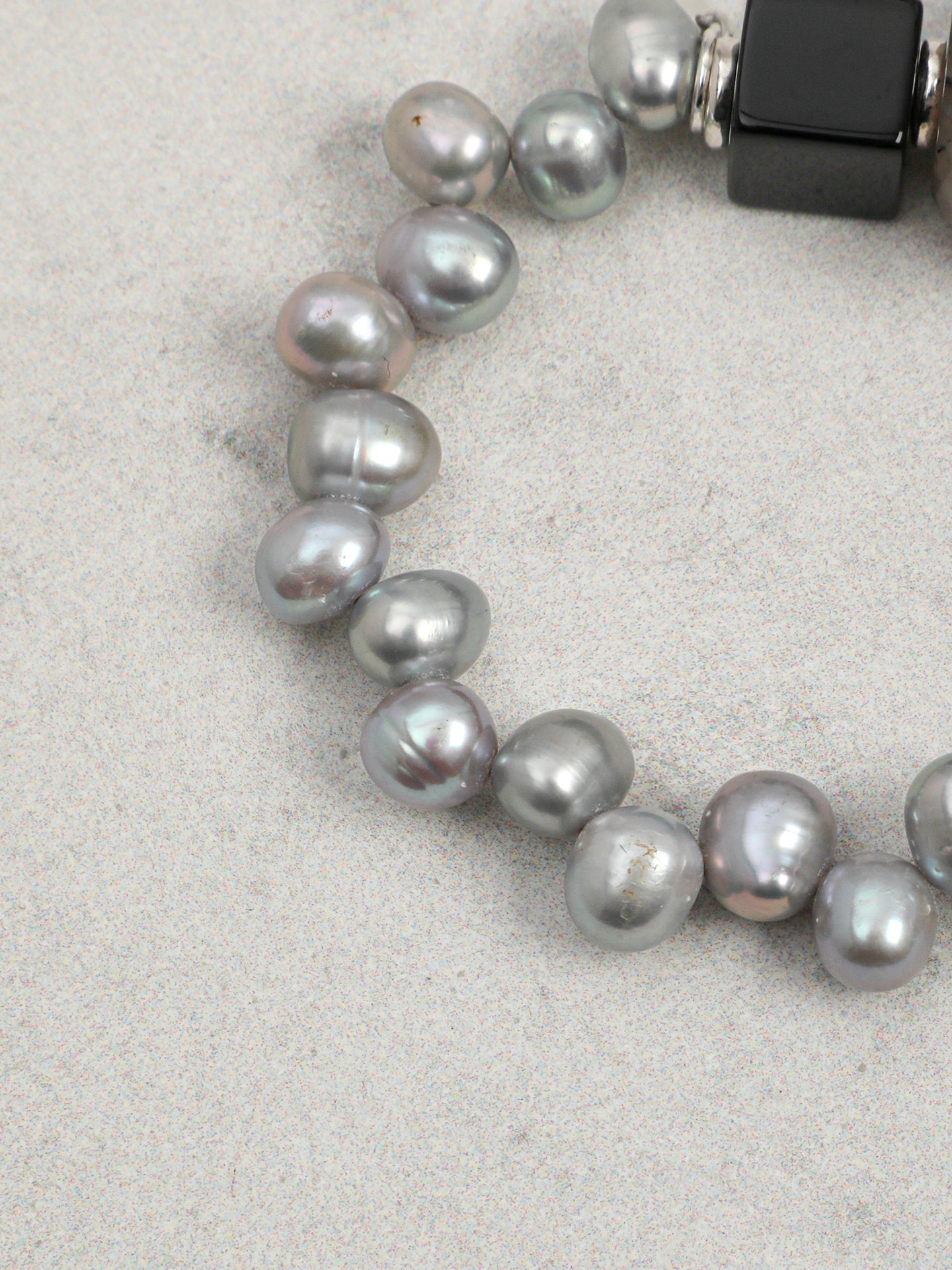 Handcrafted Dark Tone Rutilated Quartz, Black Onyx Cube & Grey Irregular Pearl Stackable Bracelet