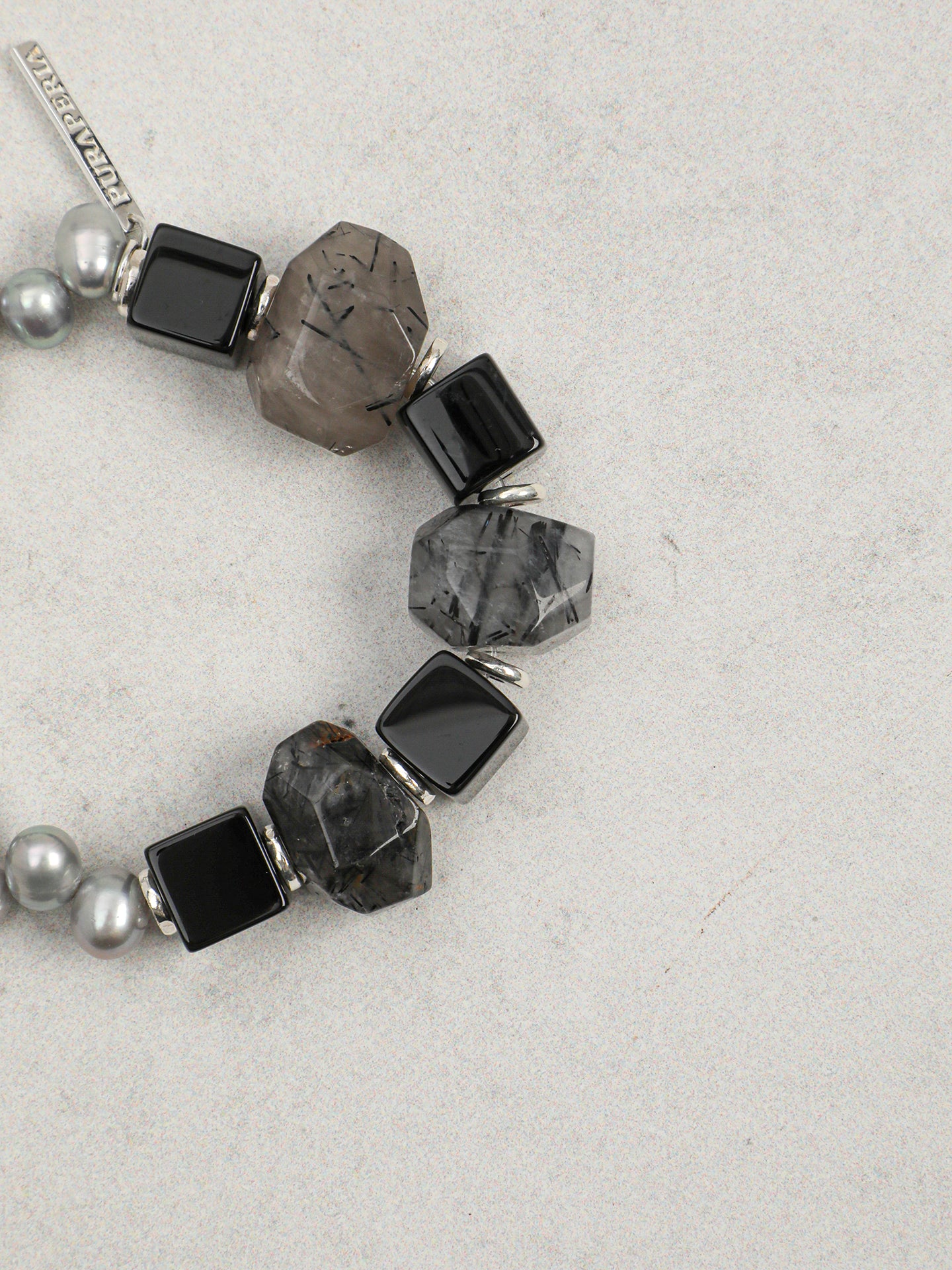 Handcrafted Dark Tone Rutilated Quartz, Black Onyx Cube & Grey Irregular Pearl Stackable Bracelet
