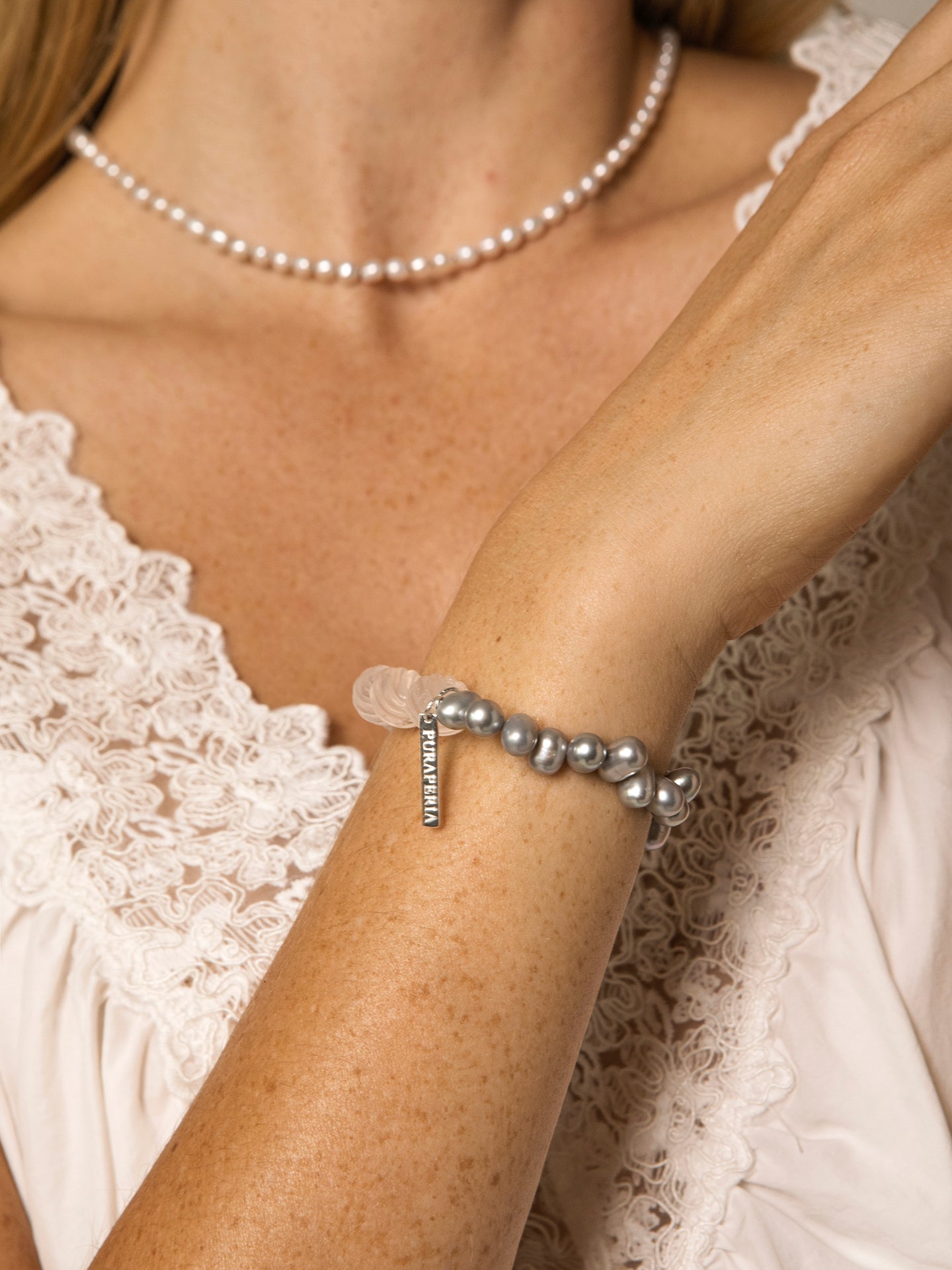 "Luna" Grey Pearl & Carved Quartz Bracelet