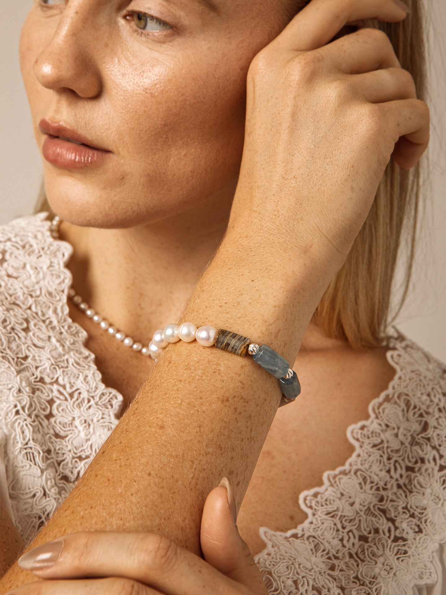 Banded Blue Calcite & Baroque Freshwater Pearl Stretch Bracelet with S925 Sterling Silver Spacers