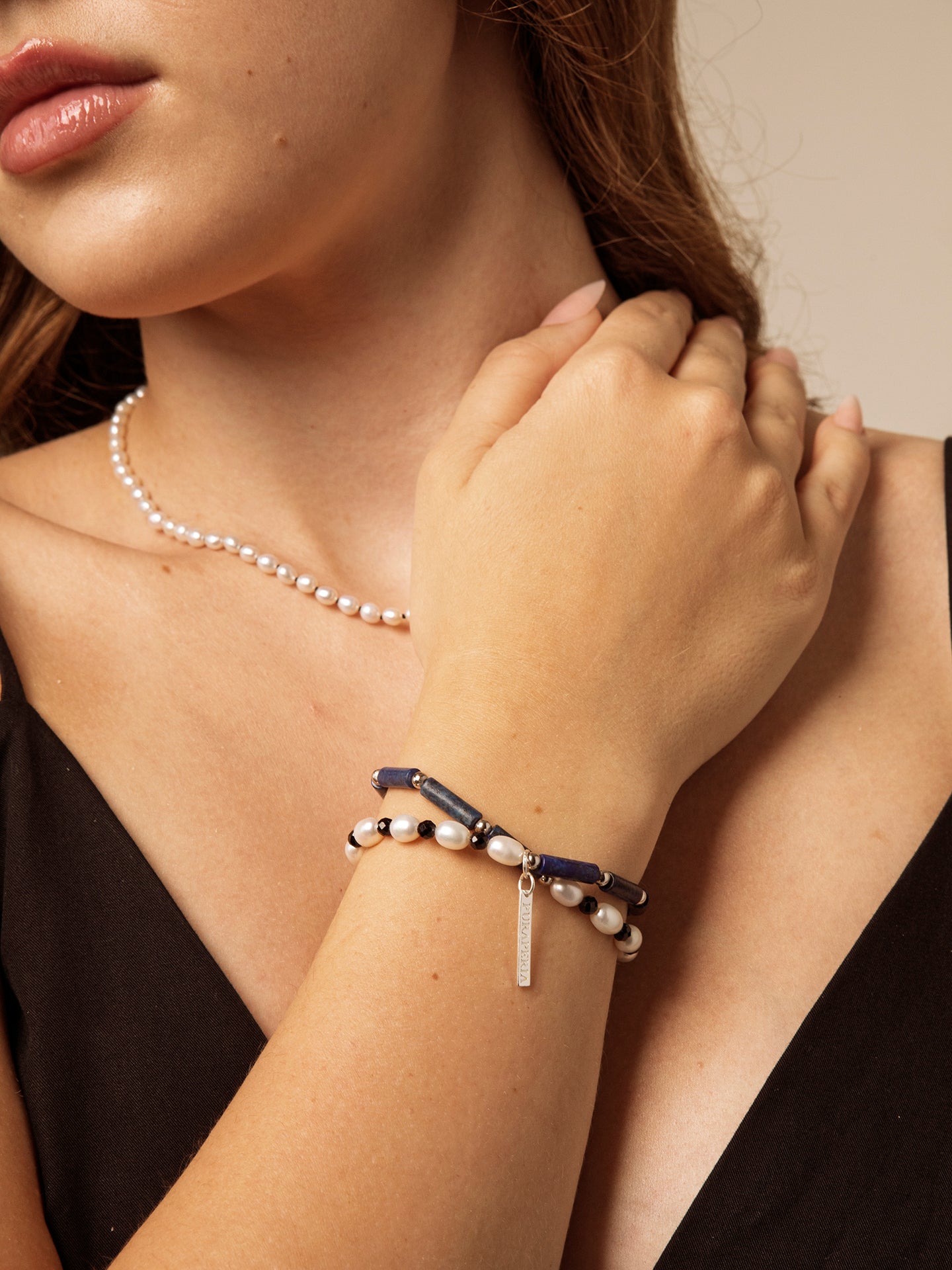 The Aegean Lapis and Oval Rice Pearl Double Strand