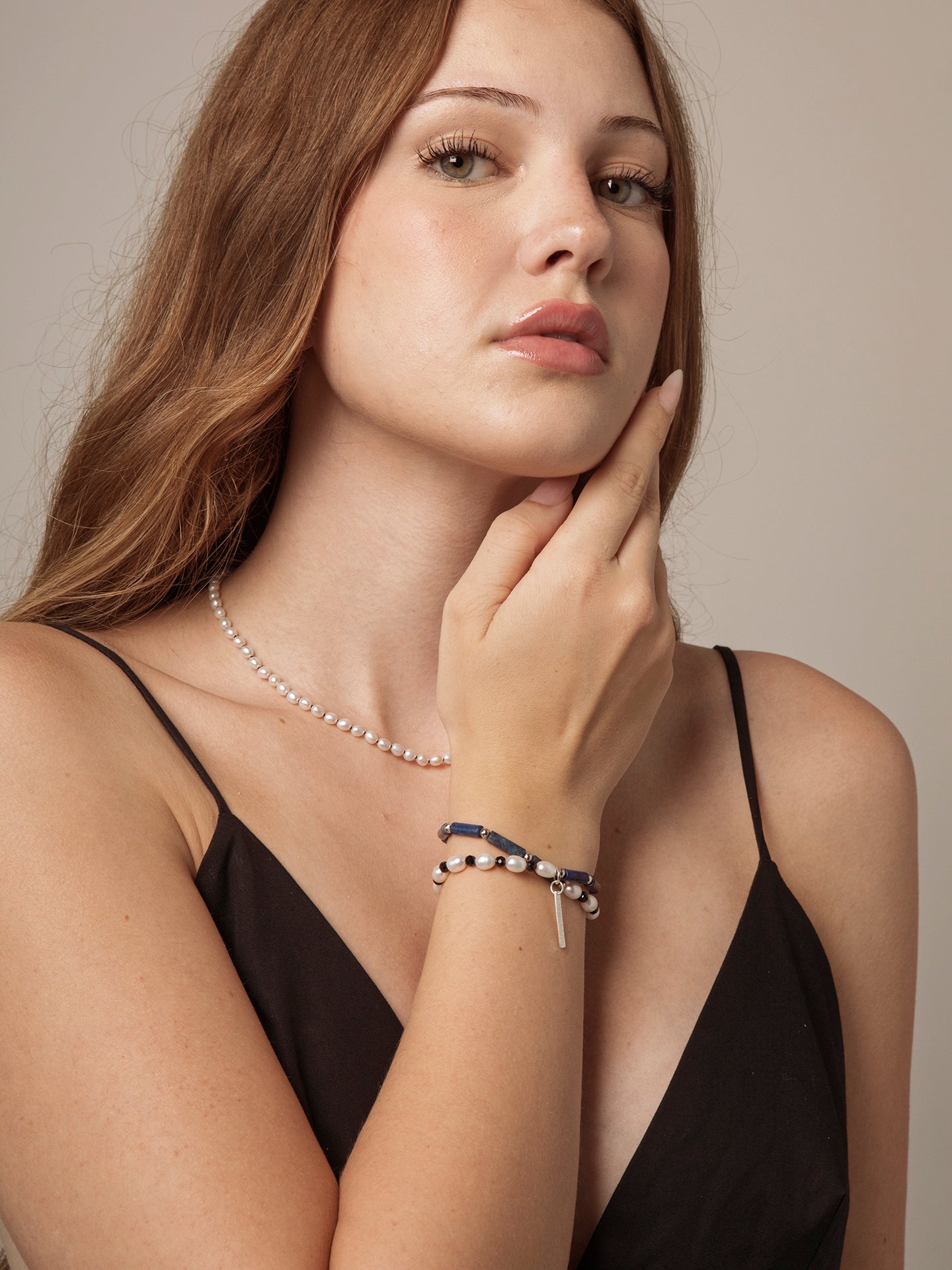 The Aegean Lapis and Oval Rice Pearl Double Strand