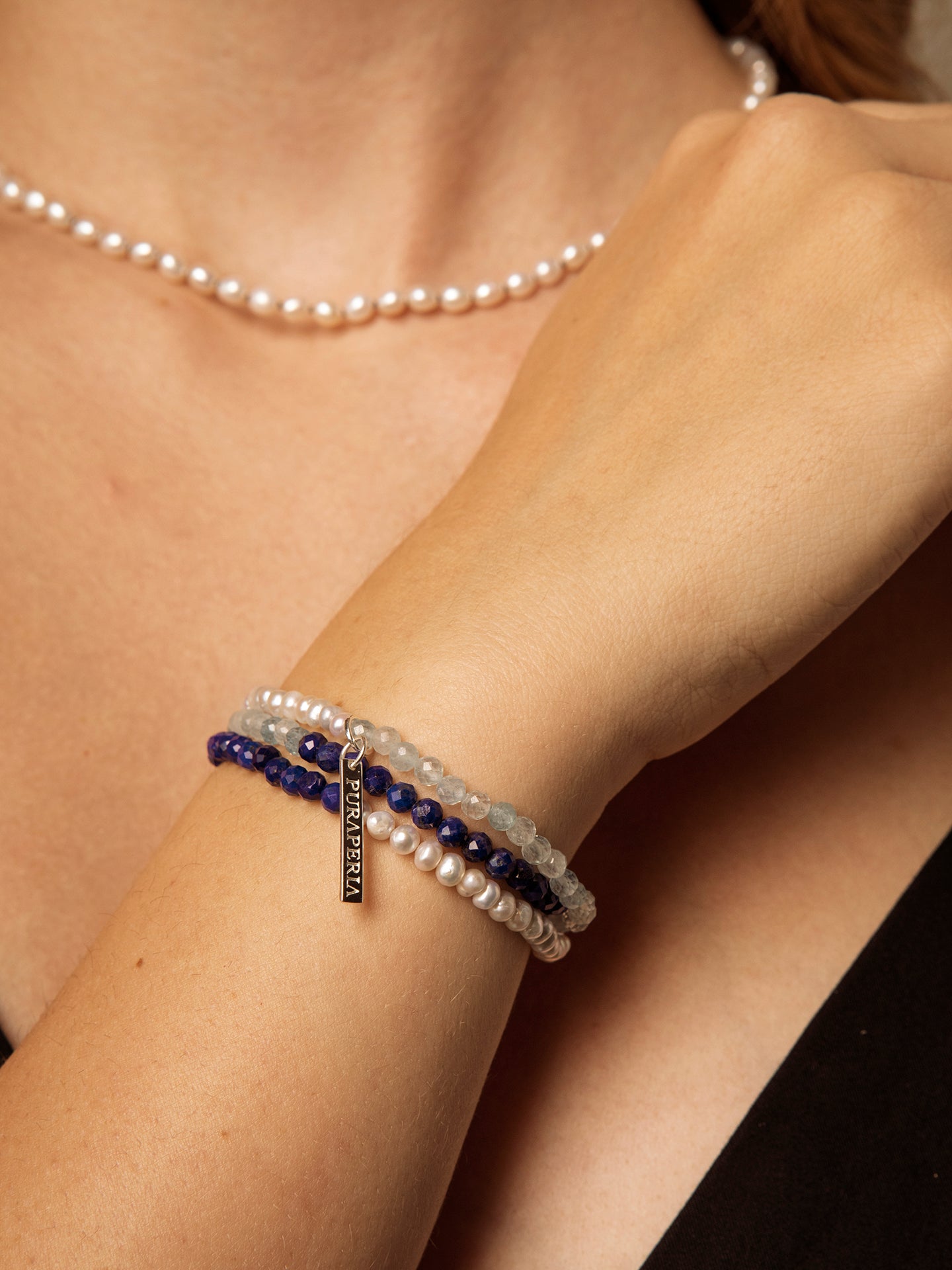 "Astra" Lapis & Aquamarine Triple Wrap Bracelet