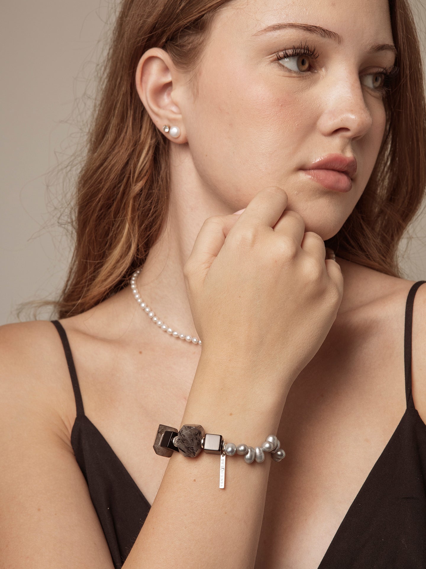 Handcrafted Dark Tone Rutilated Quartz, Black Onyx Cube & Grey Irregular Pearl Stackable Bracelet